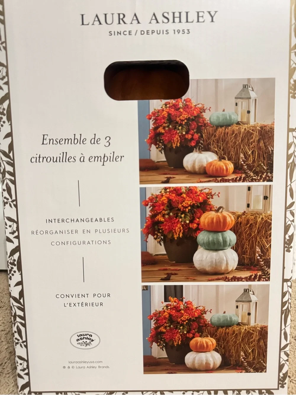 NEW 3 Pc Laura Ashley Indoor/Outdoor Stackable Pumpkin Set Fall Decor Blue White